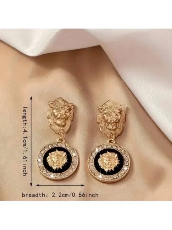 Gold Tone and Black Lion Medallion Drop Earrings - Women's Jewelry New NWT - Picture 5 of 6
